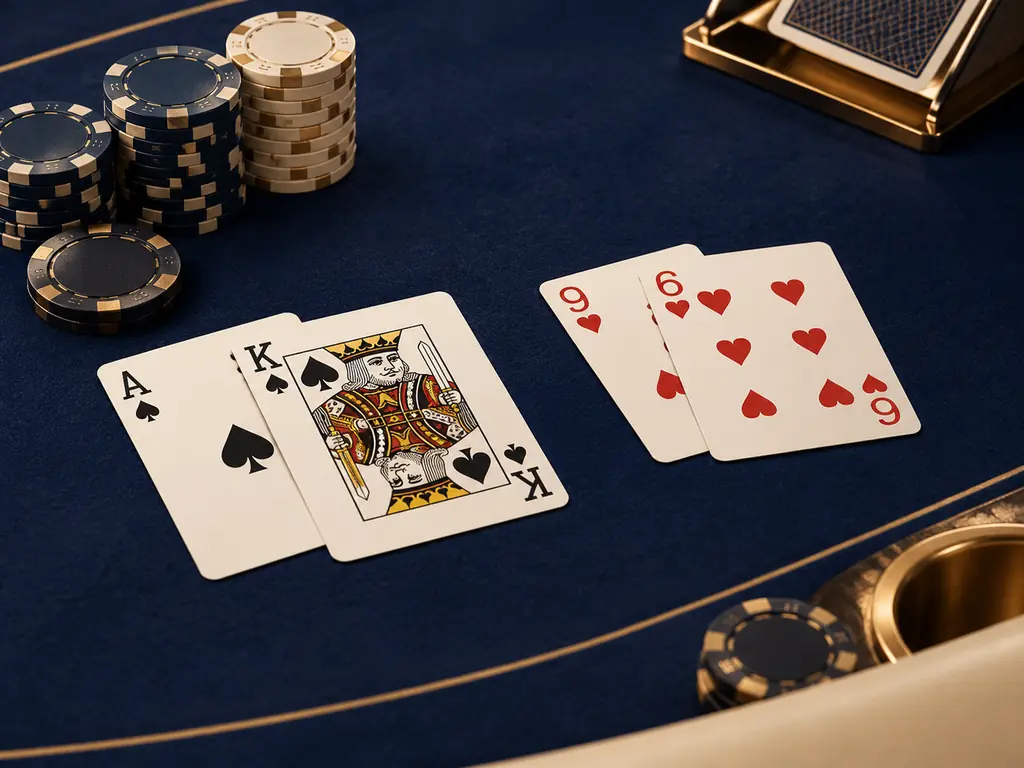 Ilustrasi kartu remi dan keping pada meja baccarat dan blackjack