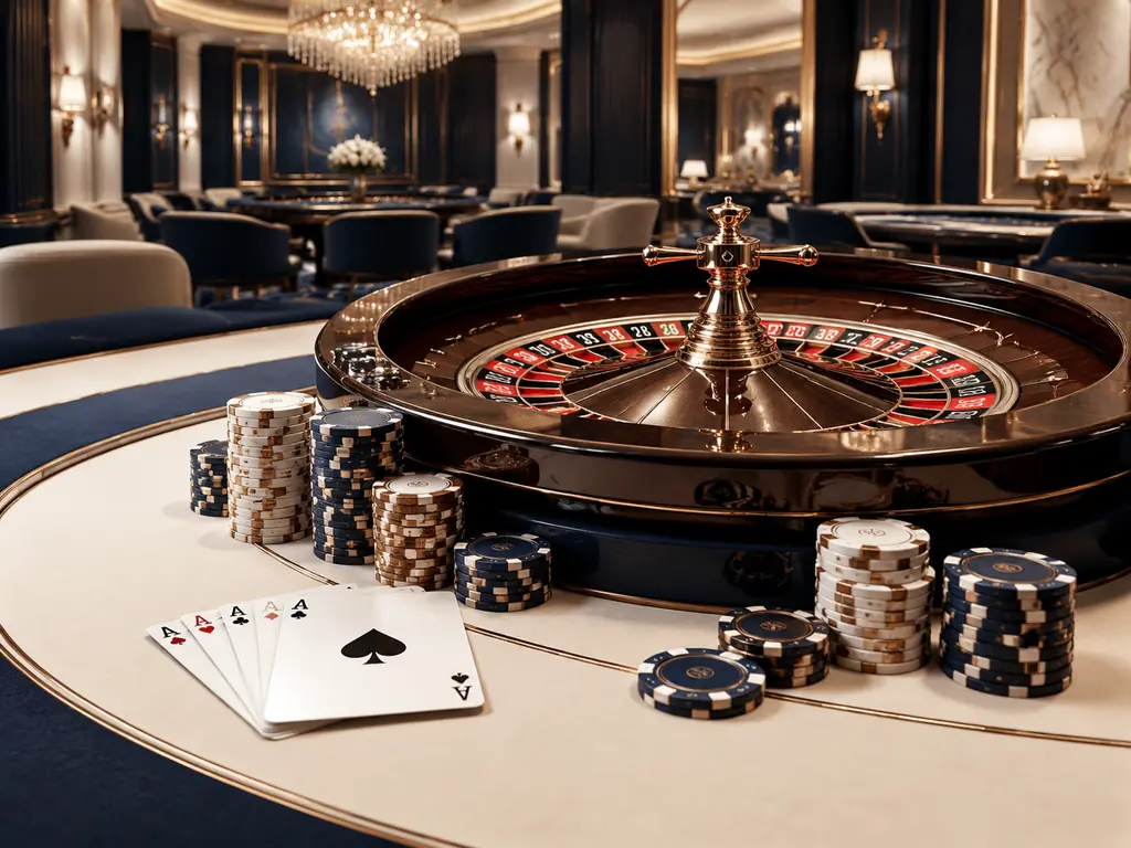 Ilustrasi meja kasino dengan kartu, roda roulette, dan keping