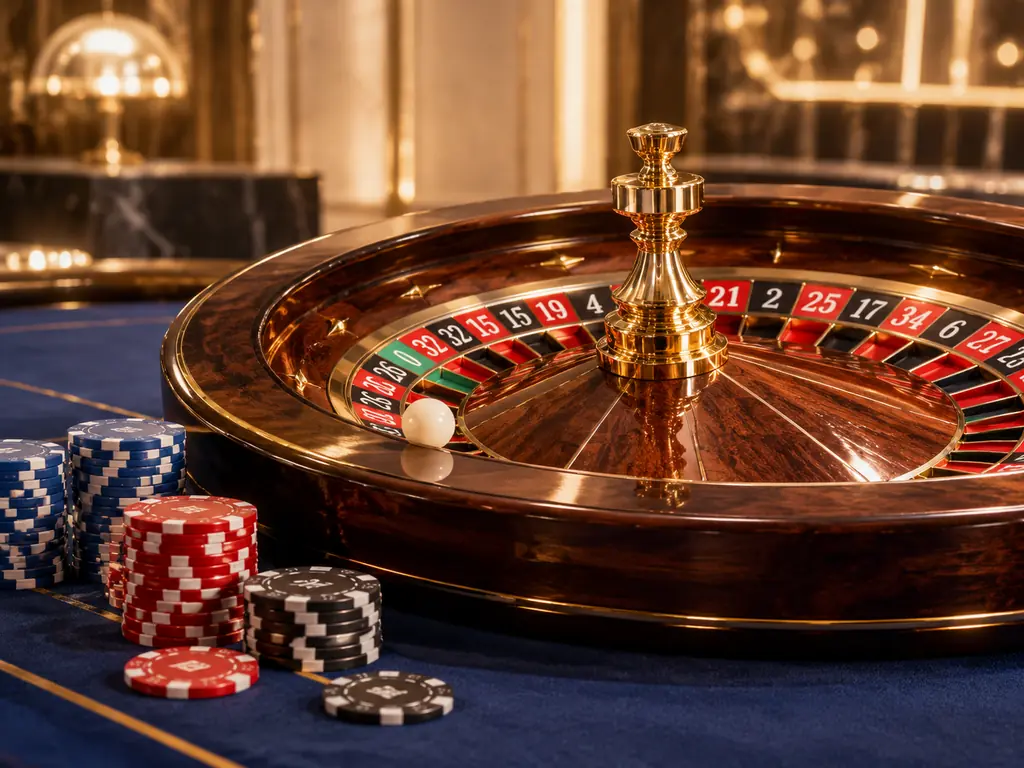 Ilustrasi roda roulette dengan bola dan keping kasino